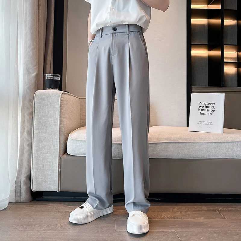 Summer Men Thin Casual Suit Pants Long Straight Drape Silky Wide Loose Trousers Elastic Waist Oversize Clothes Black WhiteX241023
