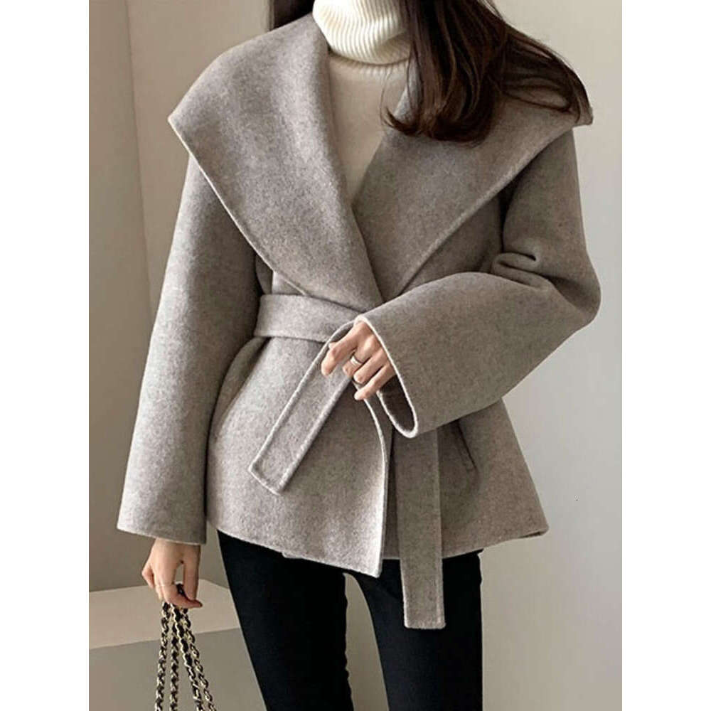 Big Turn-Down Collar Long Sleeve Double-Faced Cashmere Coat Lace-Up Chic Women Winter Woolen Coats Autumn New