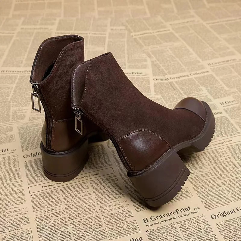 Retro brown womens ankle boots fashionable and elegant zipper shoes autumn square high heels modern short boots 250225