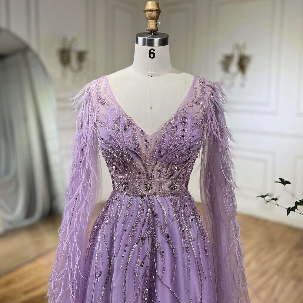Serene Hill Nude Cape Sleeves Elegant A e Beaded Feathers Evening Dresses Gowns For Women Party 2024