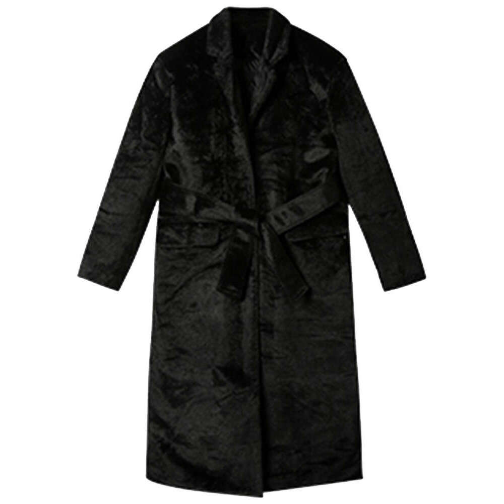 Lautaro Winter Oversized Black Soft Faux Fur Trench Coat For Women Long Sleeve Sashes Casual Stylish Korean Fashion