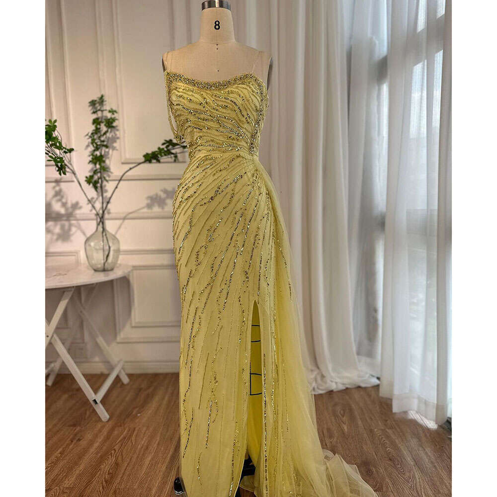 Serene Hill Yellow Mermaid Sexy High Split One Shoulder Beaded Evening Dresses Gowns For Woman Party 2024