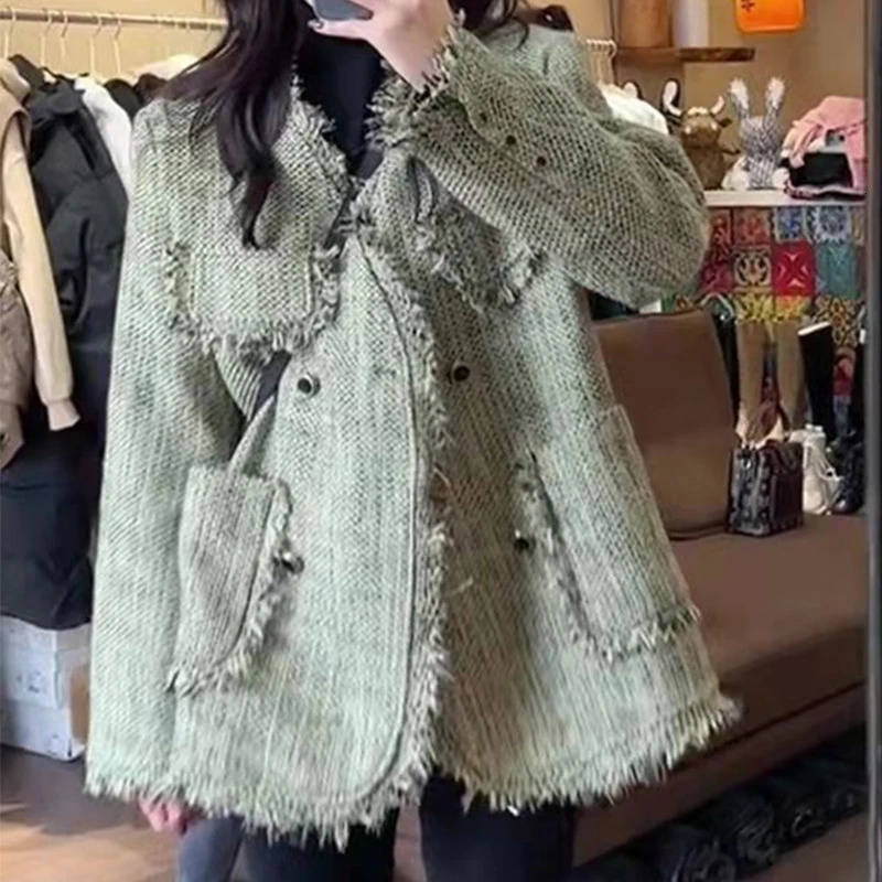 MEXZT Vintage Tweed Jackets Women Korean Tassel Patchwork Thick Warm Coats Elegant Loose Casual All Match Chic Outerwear Tops
