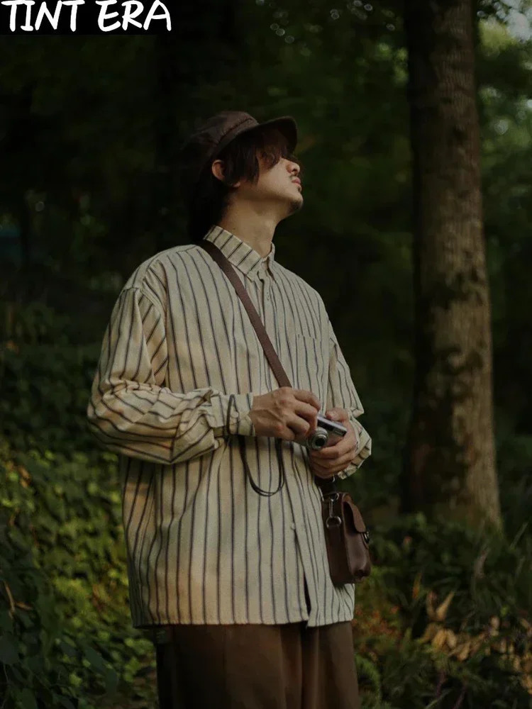 Japanese retro suit mens multi pocket cargo vest spring and autumn striped long sleeved shirt loose casual pants three piece set 241023