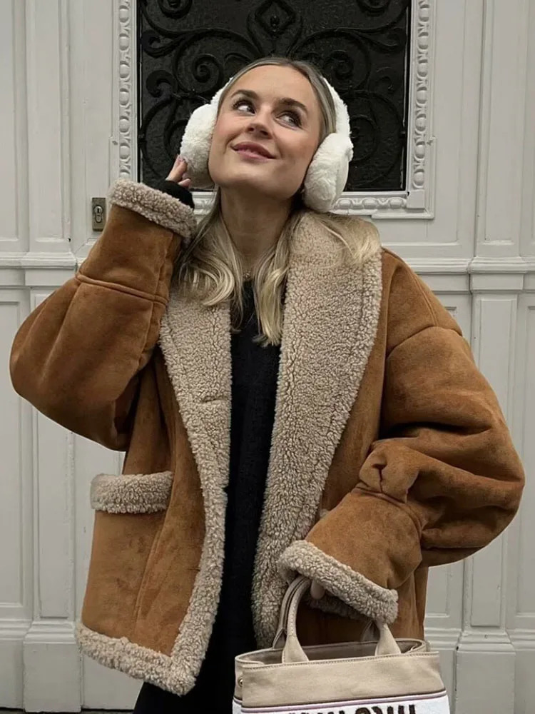 Suede leather lapel cashmere loose jacket womens winter fashion chic pocket thick long sleeved cut jacket womens jacket 241023