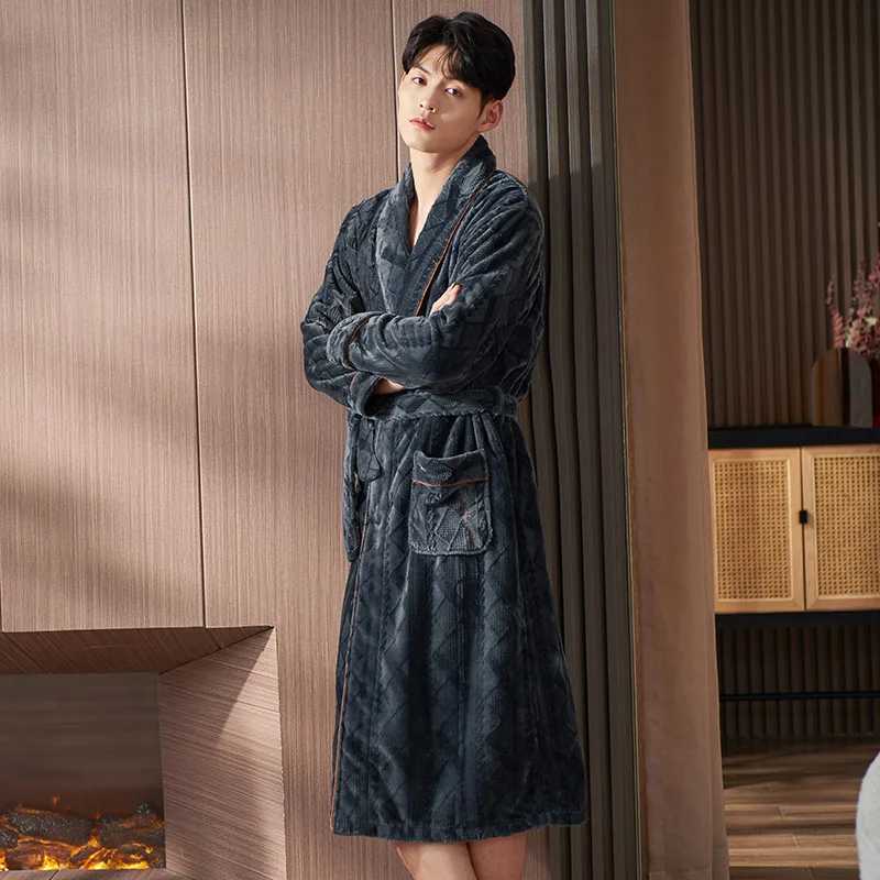 Mens Spwear Long Robes Winter Flannel Thick Terry Robe Mens Long Sve Kimono Warm Bathroom Home Wear Peignoir Mens Robe W241023