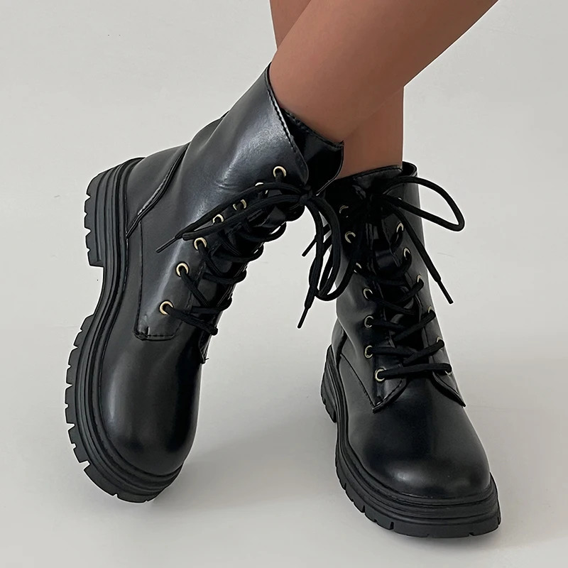 Rimocy Black Pu Leather Ankle Boots for Women Low Heels Lace Up Fashion Booties Woman Non Slip Platform Combat Botas Mujer 2024 241028