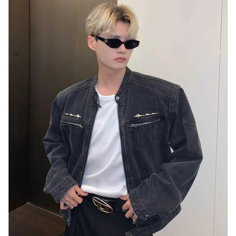 Motorcycle washed denim jacket mens Strt hip-hop metal design Distressed Coat zipper pocket loose denim jacket unisex X241023
