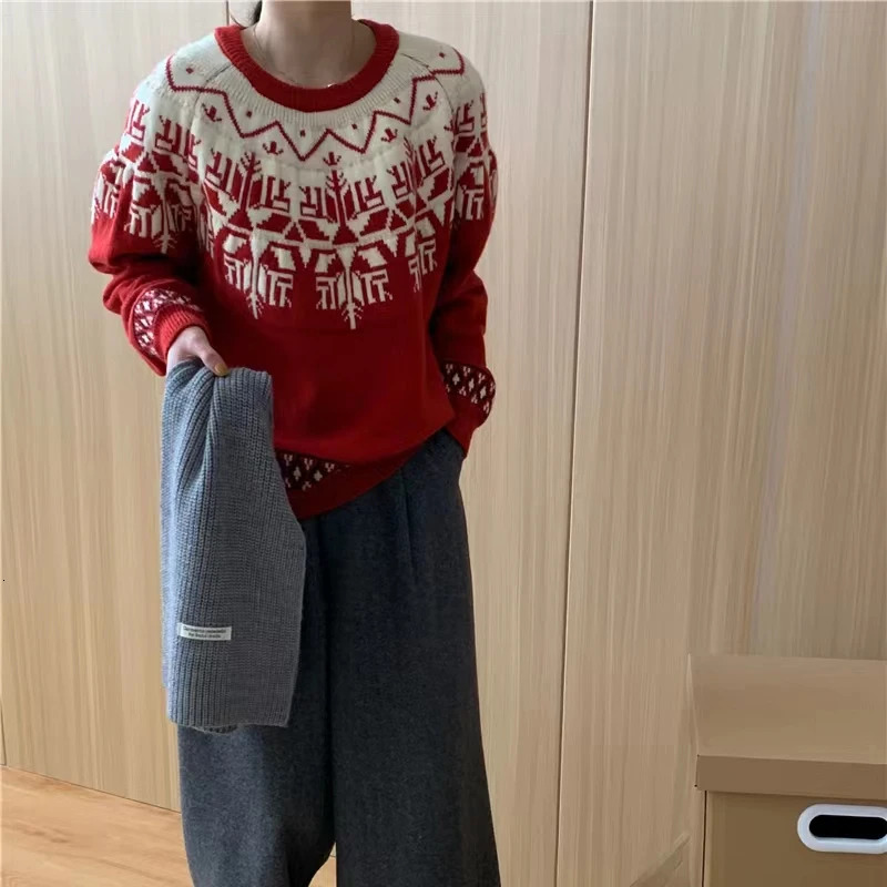 Autumn Winter Christmas Knitted Thick Sweater Women Loose Oneck Pullover Vintage Fashion Knitwear Tops 241021