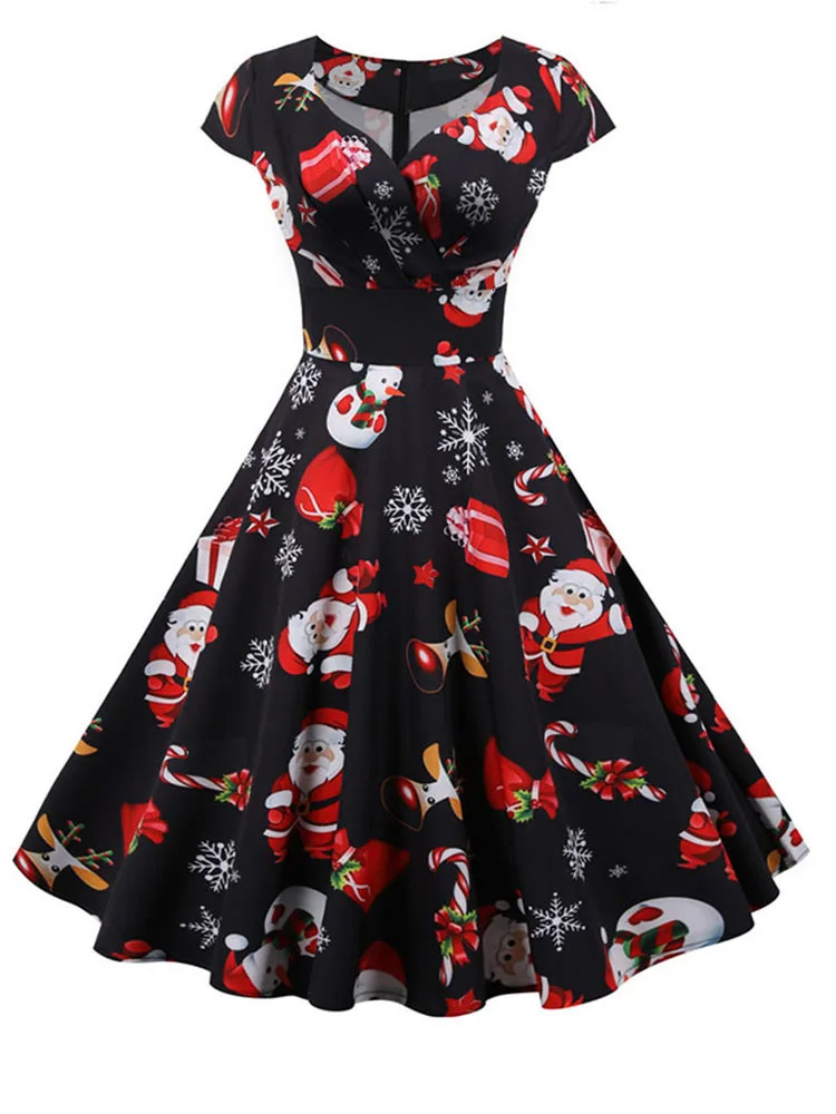 Christmas Party Dress Women Short Sleeve V Neck Elegant Vintage Print Xmas Year Prom Sundress 3XL Robe 241022