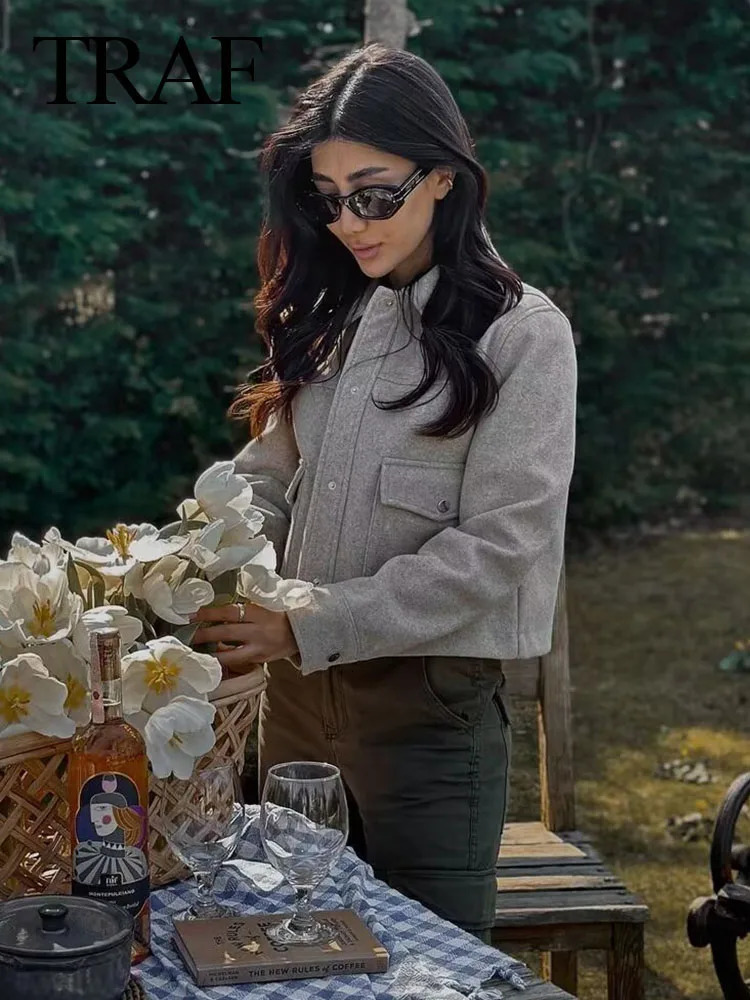 TRAF Womens Button Collar Jacket Womens Soft Coarse tweed Casual Coat Fashion Single Chest Short Coat Top 241023