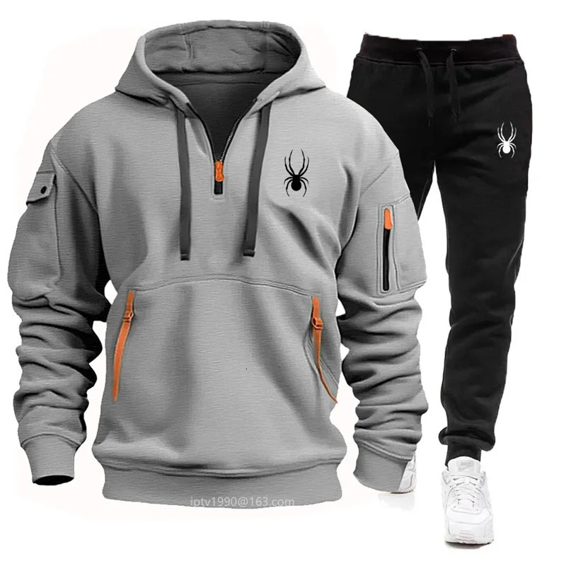 Spring/Summer Mens Multi Pocket Zipper HoodieSports Pants Two Piece Casual Fitness Sportswear Set 241023