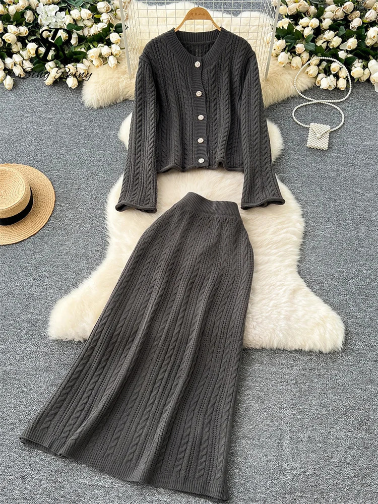 Singreiny American casual knit set womens long sleeved loose zipperelastic long thick warm sweater two-piece set 241023