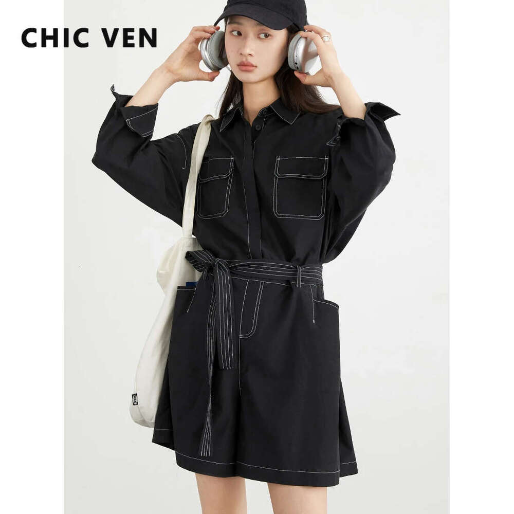 CHIC VEN Women's Jumpsuits Loose Bright E Straight Female Rompers With Waist Belt Summer 2024