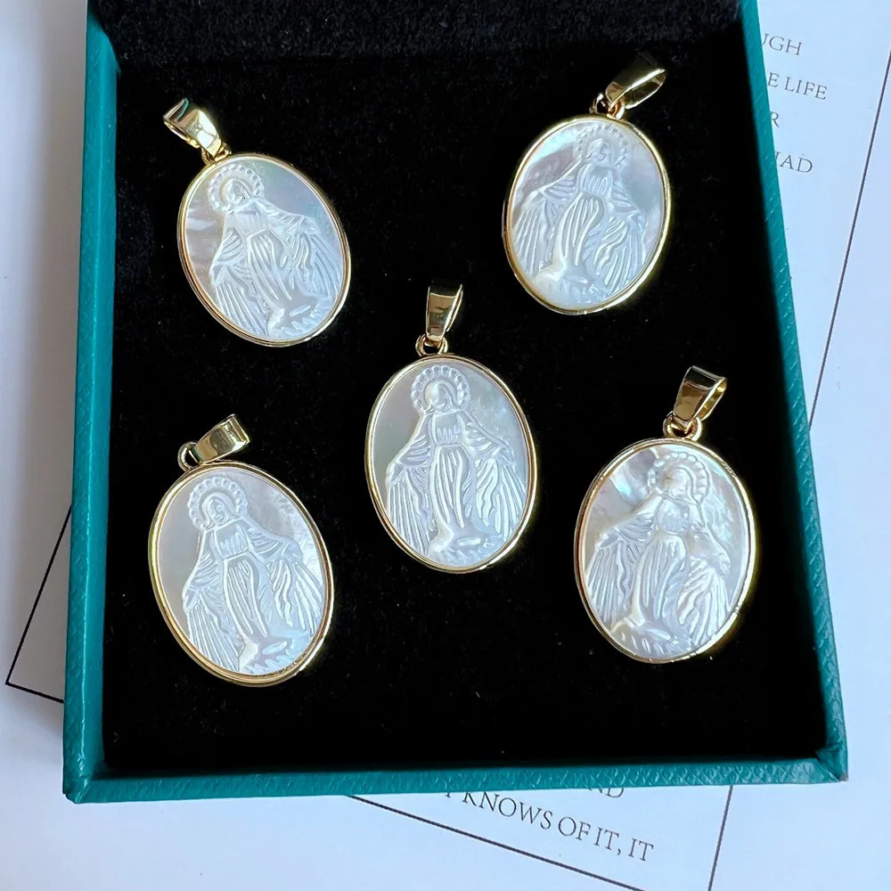 5pcslot 16x24mm Natural Mother Pearl Shell Holy Spirit Guadalupe Pendant Sacred Heart Religipous Medals Charms for Necklace 241023