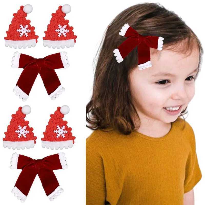 ncmama 2PCS Christmas Scarf Hat Hair Cilps for Kids Girls Solid Velvet Bow Hairpin Kids Barrettes Hair Accessories New Year GiftX241022