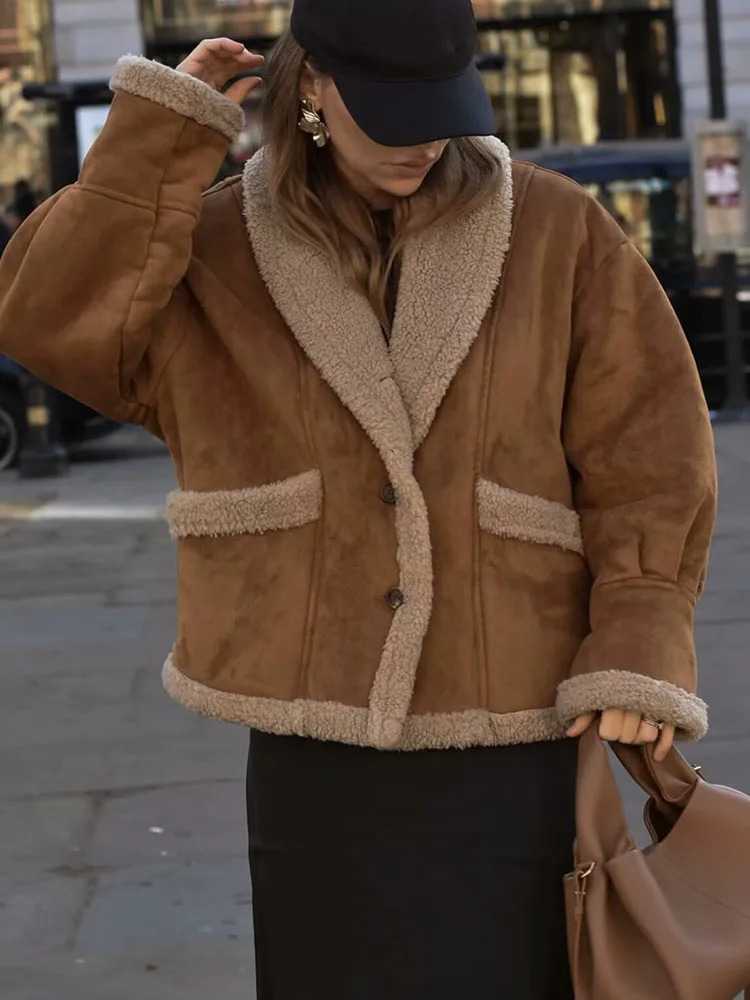 Suede leather lapel cashmere loose jacket womens winter fashion chic pocket thick long sleeved cut jacket womens jacket 241023