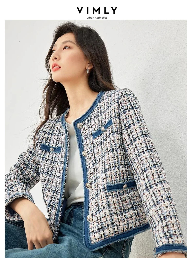 Vimly Plaid womens cut jacket with coarse tweed for spring patch denim elegant and fashionable womens short jacket womens M3288 241023