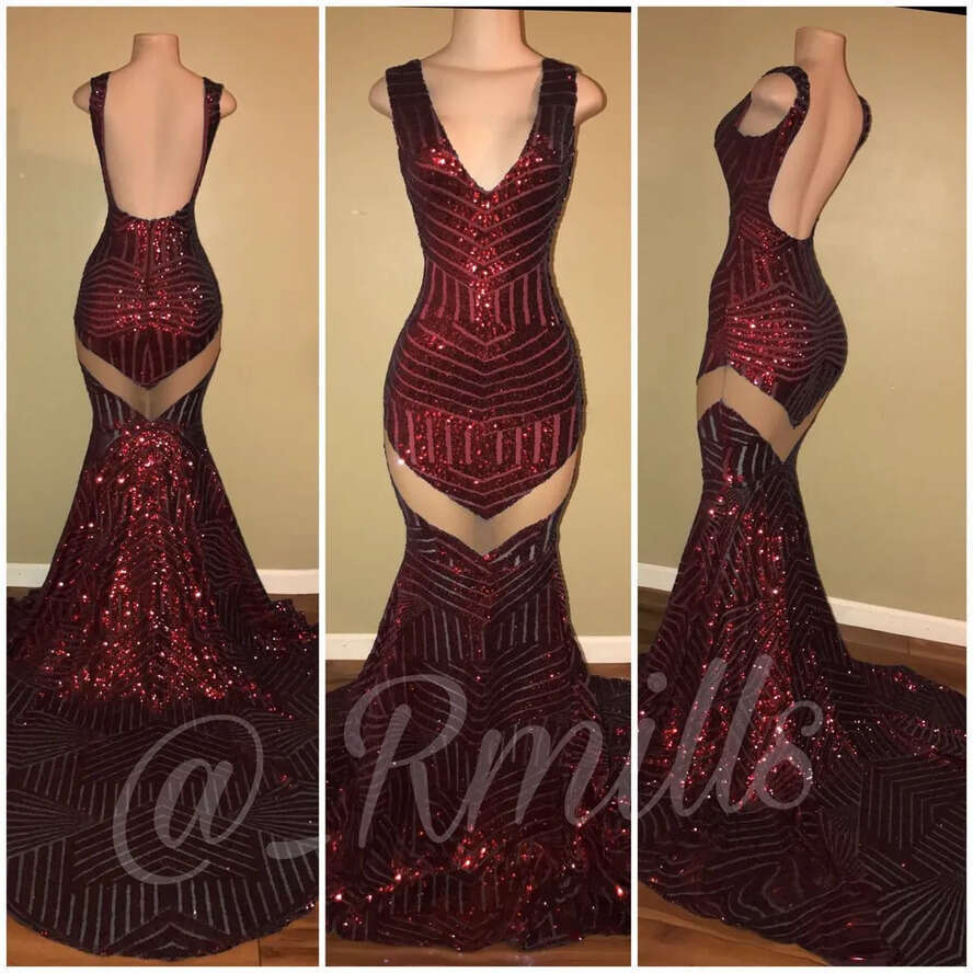Prom Bury Hot Sell Dresses Mermaid V Neck Sexy Open Back Sequined Ocn Evening Gowns Custom Made