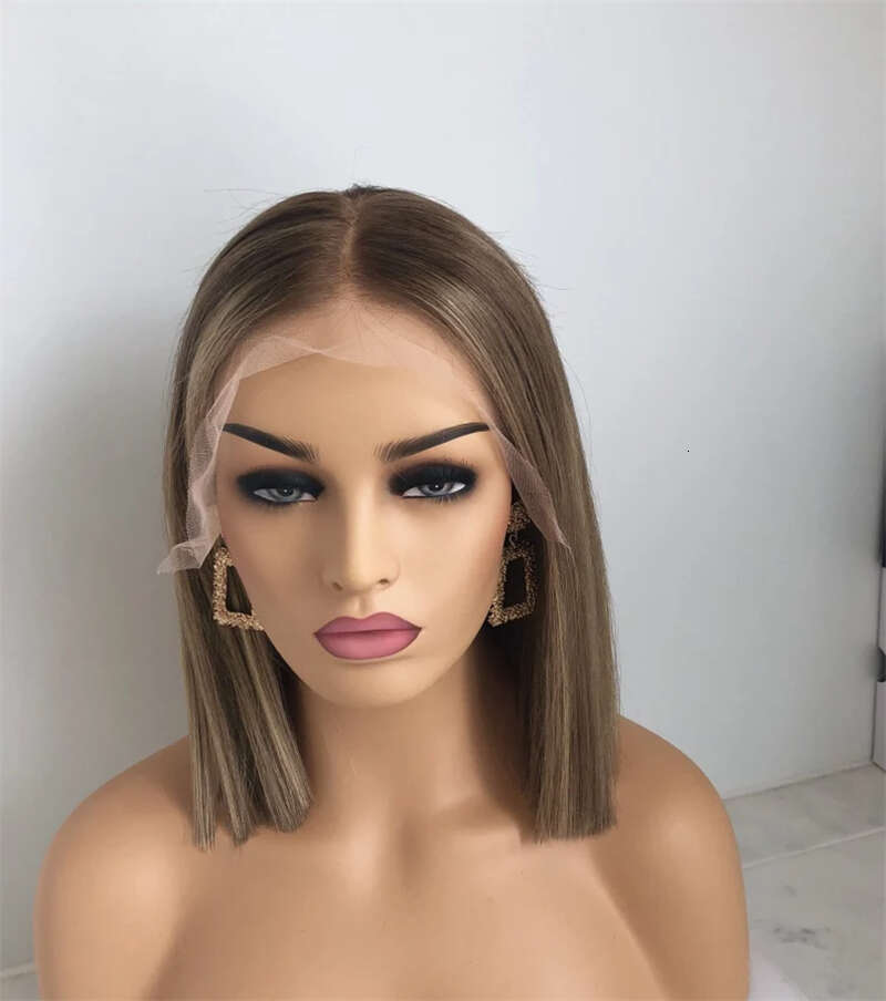 Short Bob Ash Blonde Frontal Wig 100% Brown Highlight 13x4 Straight HD Lace Front Human Hair Wigs For Women