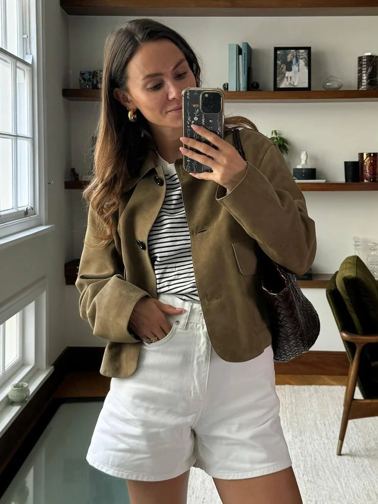 Y2K TRAF Retro Suede Womens Jacket Autumn Chic Swinging Door Collar Double Pocket Jacket Womens Long Sleeve Jacket 241023