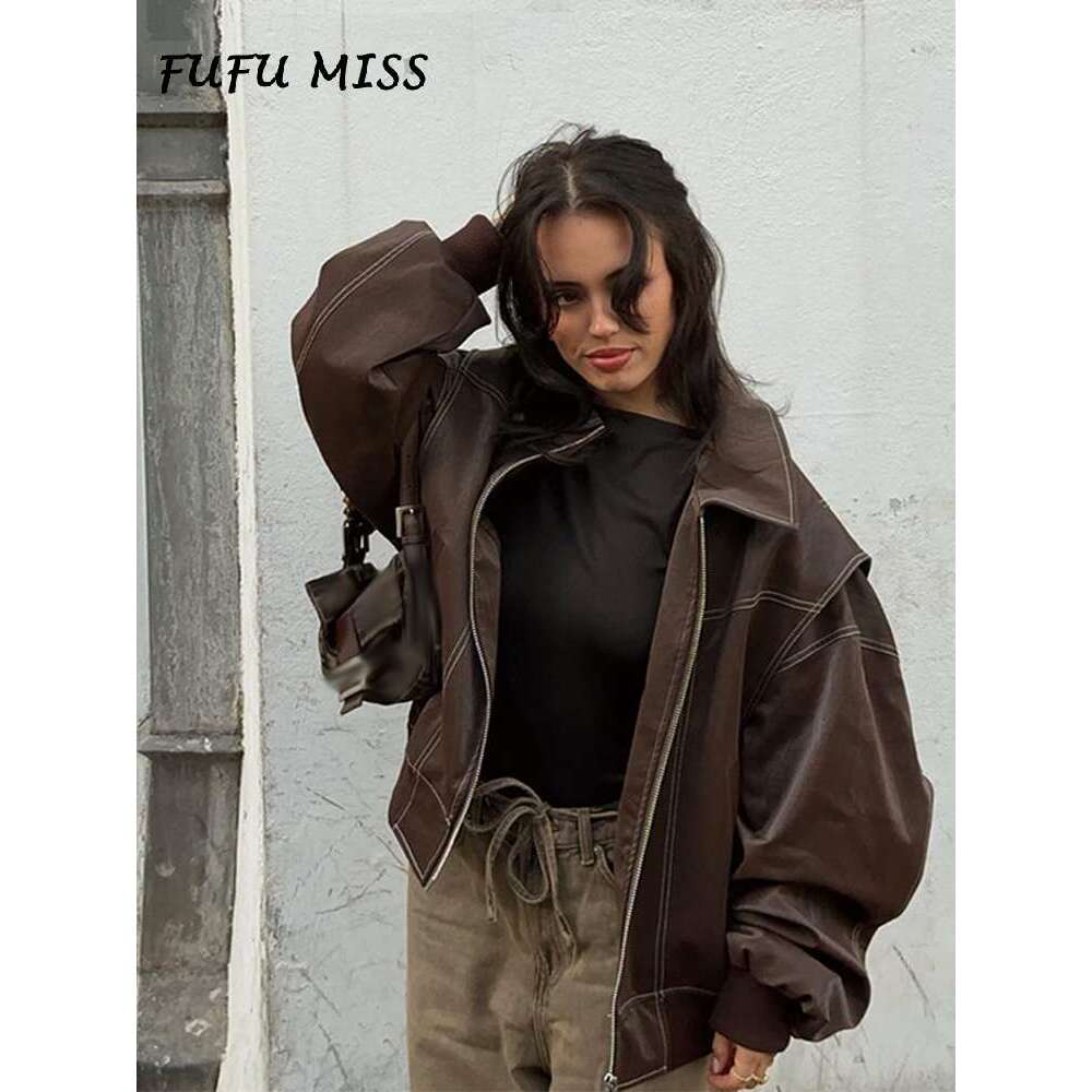 Vintage Solid Lapel Leather Jacket Women Long Sleeve Zipped Pocket Loose Coat 2024 Autumn Lady High Street Locomotive Outerwear