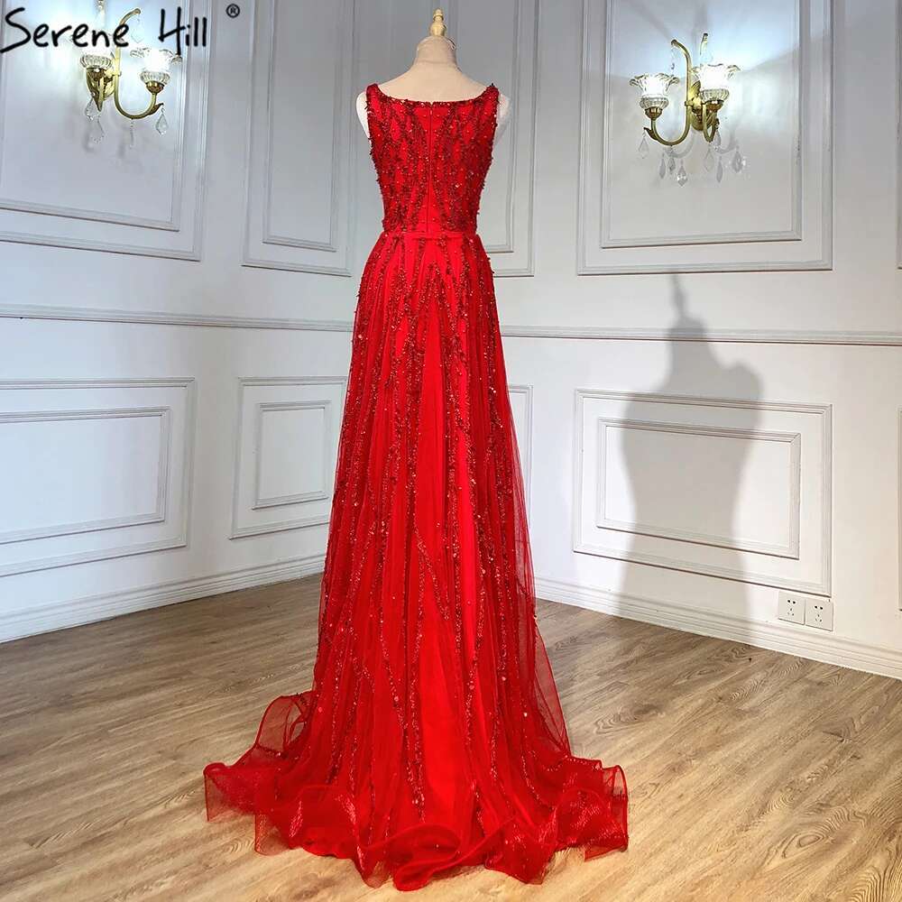 Serene Hill Red Beaded Split Evening Dresses Dubai Mermaid Elegant Sleeveless 2024 For Woman Party