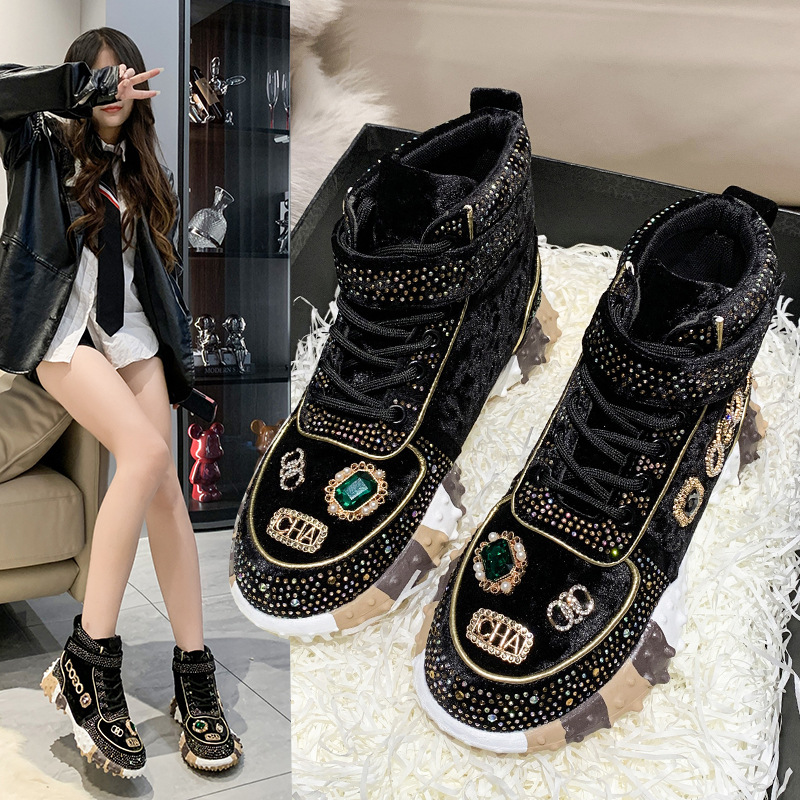 2024 Spring and Autumn New Popular Water Diamond with Diamond Dad Shoes, Women's Trendy Diamond Inlaid Thick soled Single Shoes