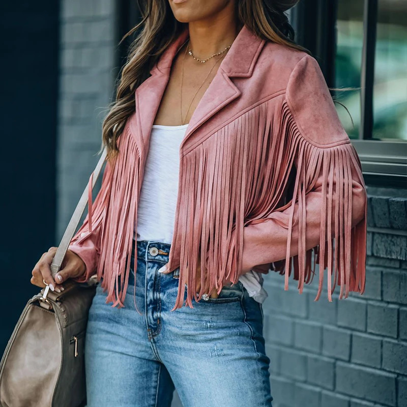 Womens retro lapel long sleeved edge pleated hippie motorcycle cardigan sweater jacket artificial suede fringe jacket 241023