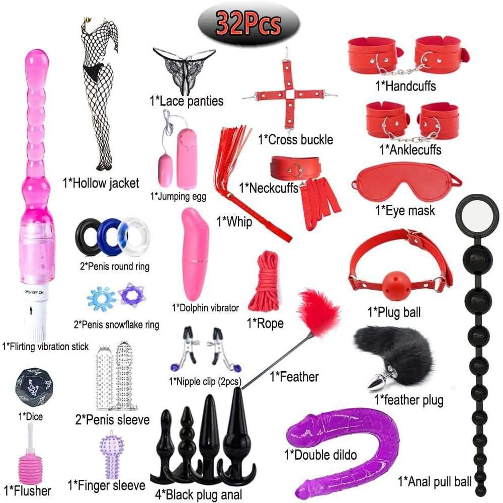 BOXIFA BDSM Restraints Sex Toys 32 Pcs Bondage Restraints Kits Crops Anal Plug Set Butt Plug Anal Plug Sex Toys Vibrator Anal Dildo BDSM Toy Kit for W