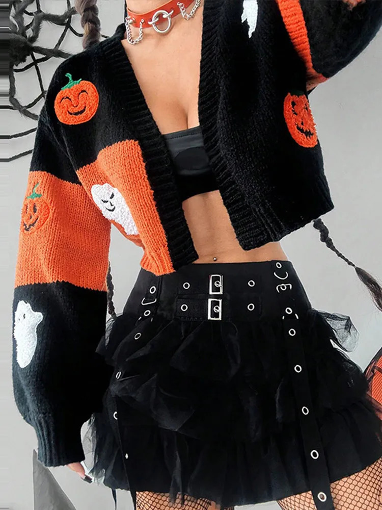 Casual Ghost Pumpkin Pattern Knitted Cardigan Retro Long Sleeve Patchwork Womens Crop Sweater Autumn Womens Clothing 241022