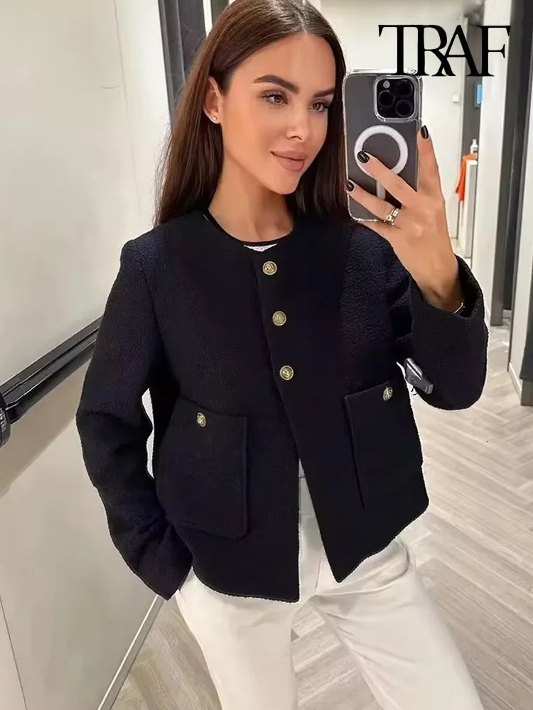 TRAF Womens Fashion Pocket Denim Jack Coat Retro Long Sleeve Front Buckle Womens Coat Fashion Top 241023