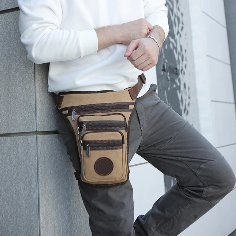 Mens straight leg waist bag motorcycle rider outdoor sports canvas travel hiking backpack 241023