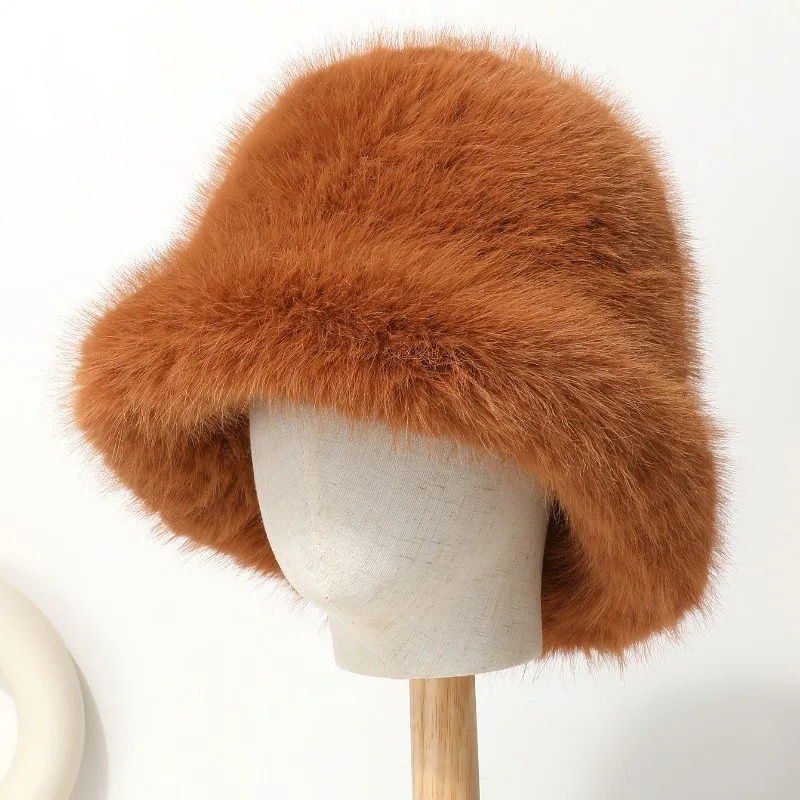 Colorful thick faux fur hat for women warm bucket hat for winter cold weather sweet girls hat for women fluffy fur fishermans hat 241023
