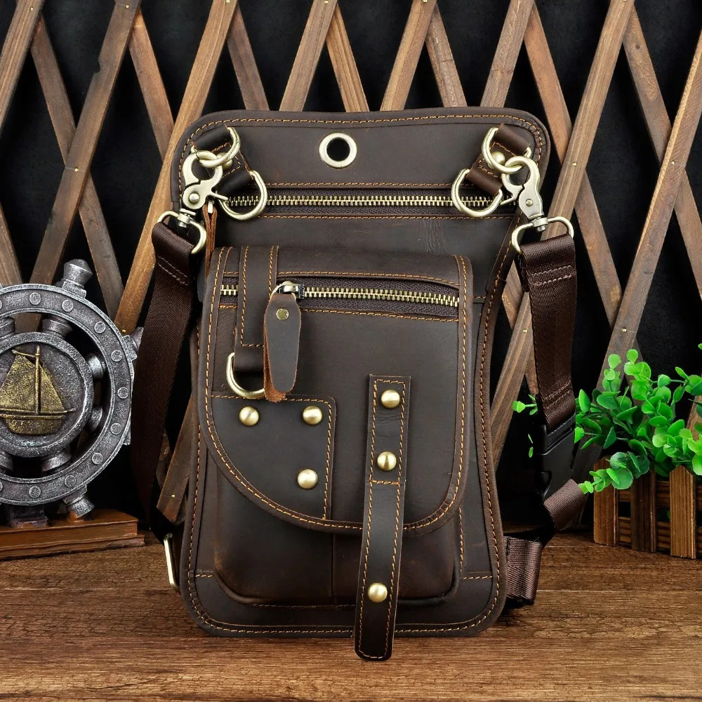 High quality leather mens casual 8-inch flat messenger sling bag multifunctional fashionable travel belt bag leg hanging bag 241023
