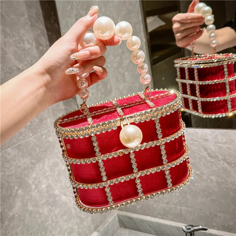 Metal evening bag pearl hollow womens bag rhinestone diamond dinner bag party and wedding handbag 241023