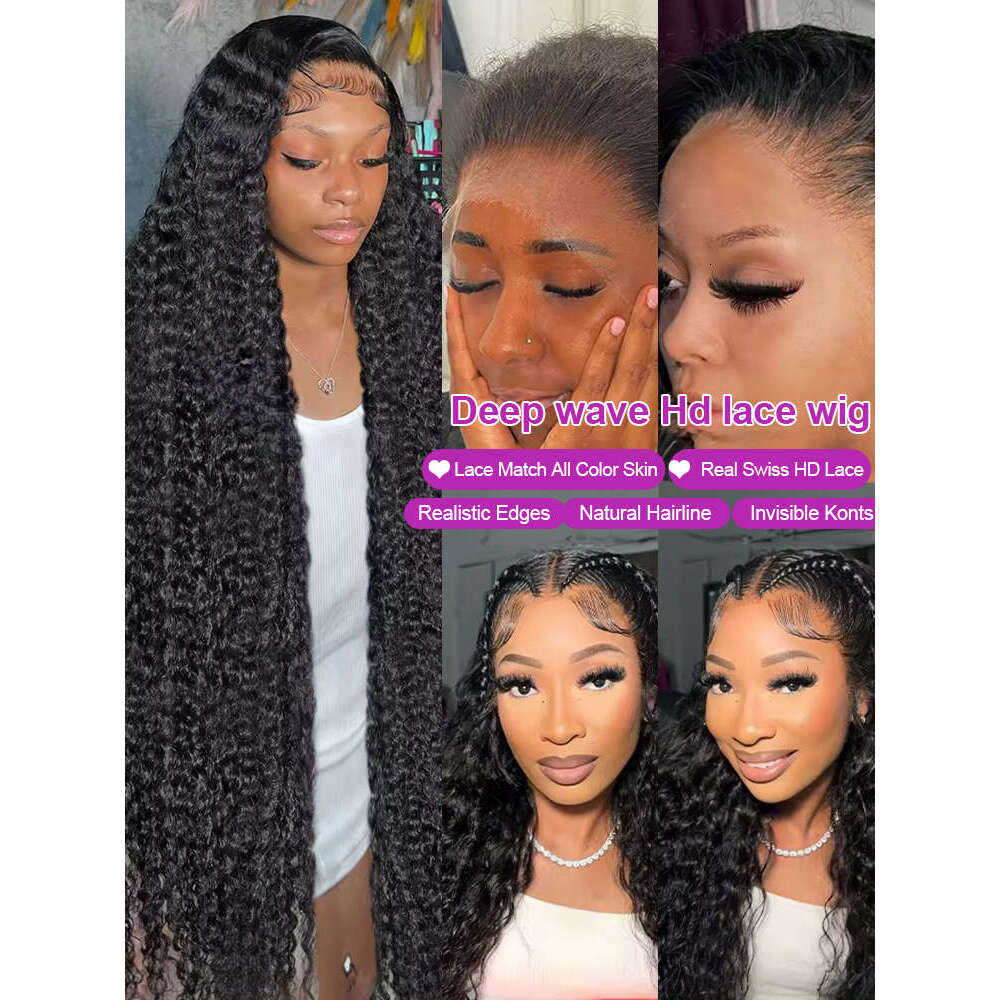 Transparent 300% Density Water Culry 360 Full Lace Frontal Wig Human Hair 40Inch Deep Wave 13x4 13x6 Hd Lace Front Wig For Women