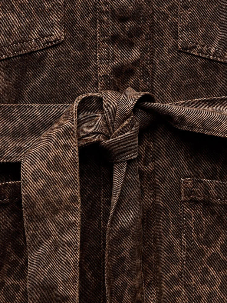 Chic Leopard Print Belt Cropped Coat Women Fashion Lapel Long Sleeve Button Pocket Short Jacket Fall New Lady Highstreet Outwear