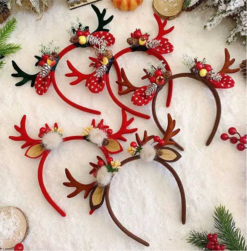 1Pcs Christmas Sweet Headband Elk Antler Girls Plush Reindeer Horn Flower Festival Clips Hair Band Kid Adult New Year Party GiftX241022