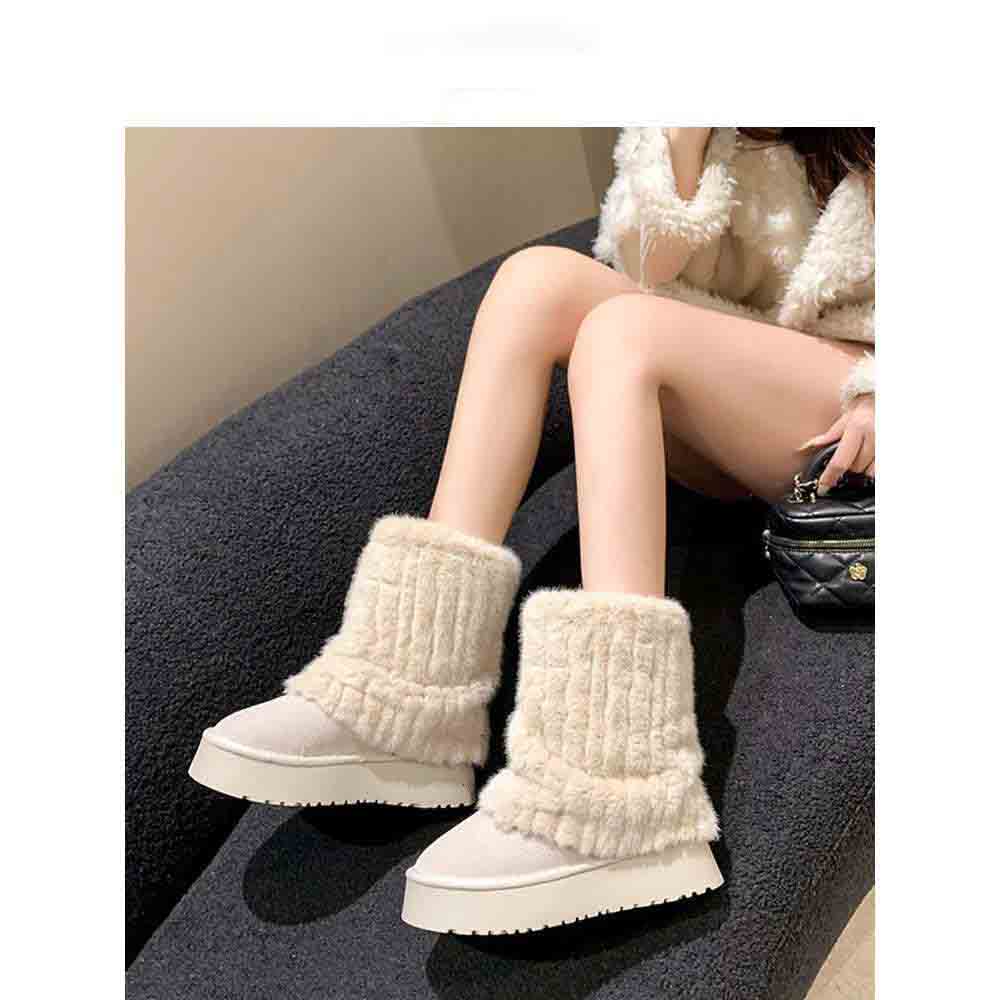 Winter Boots With Fur Round Toe Boots-Women Flat Heel Clogs Platform Female Shoes Australia Plush 2024 Lolita Rubber Padded Mid