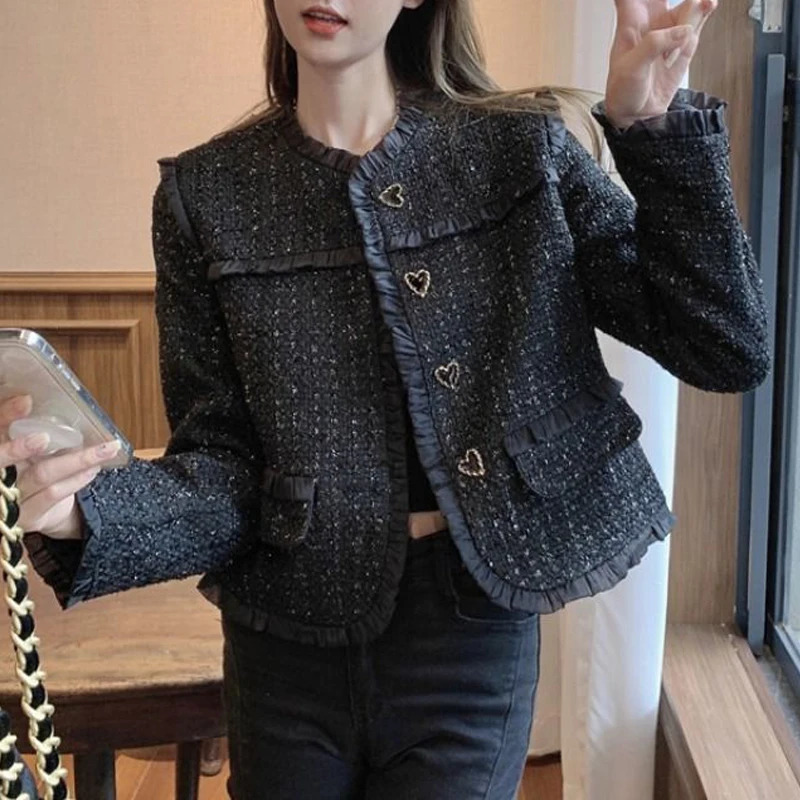 Womens retro elegant pleated black tweed jacket Spring and Autumn Korean fashion womens long sleeved chic short sleeved jacket 241023