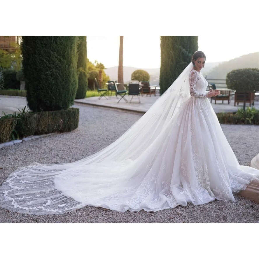Sleeve Lace Modest Full Wedding Dresses Arabic Muslim A E Sheer Neck Appliqued Ruched Long Formal Bridal Gowns Custom Made ppliqued