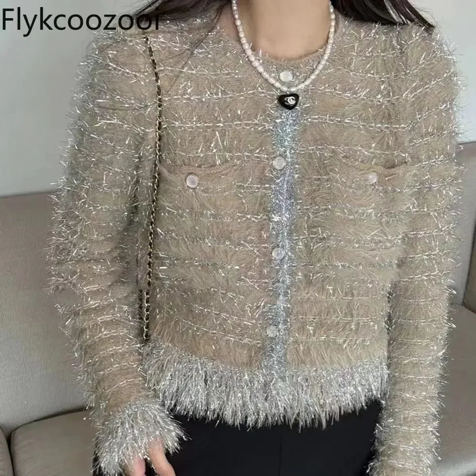 Sparkly Fringed Elegant Sweater for Women Highgrade Cashmere Crewneck Knitted Cardigan Coat Regular Fit Casaco Feminino 241021