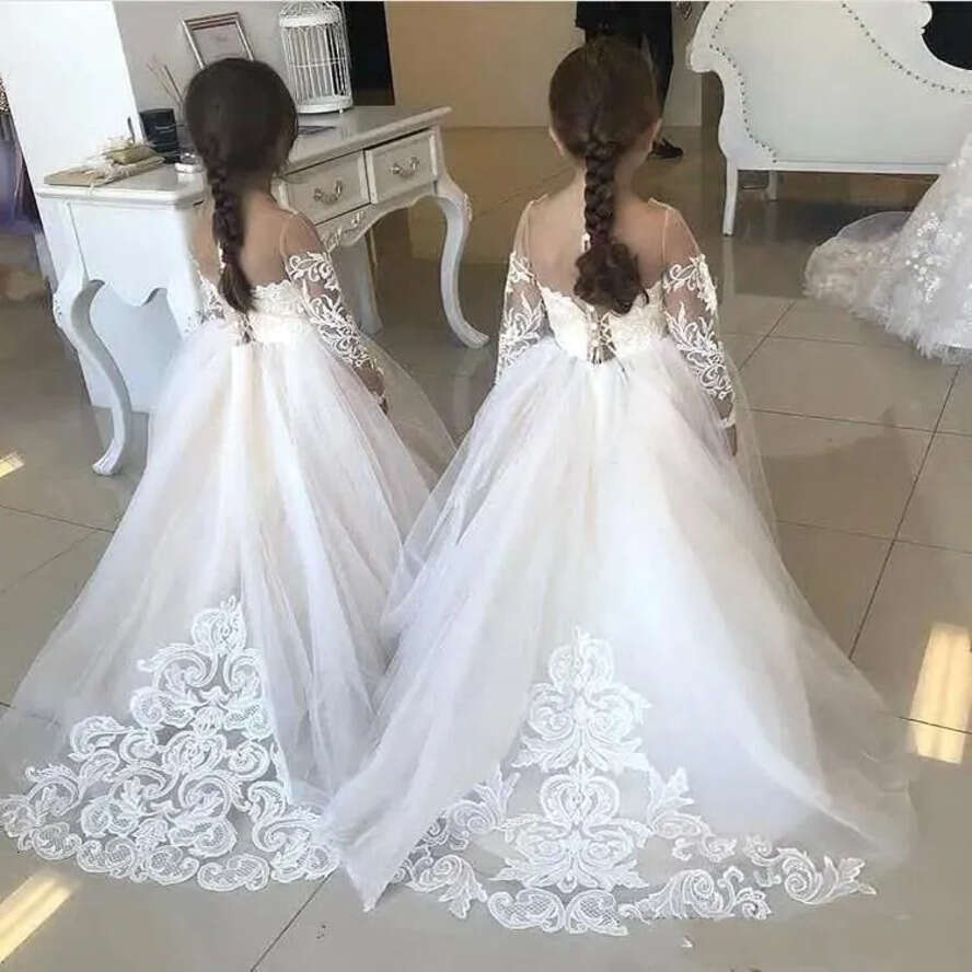 Long Sleeve Sheer Vintage Wer Girl Dresses Appliques Lace Tulle Jewel Neck Girls Birthday Communion Dress Custom Made Children Party Gowns Bc18957 s