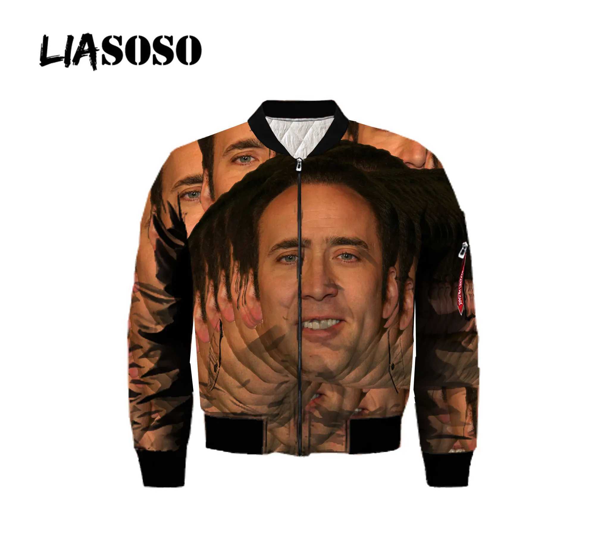 LIASOSO interesting actor Nicolas Cage multi face bomber jacket 3D printed mens winter thick flight jacket punk retro youth top X241023
