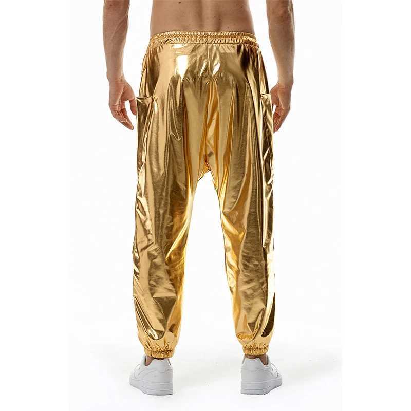 Mens Metal Shiny Jogging Pants Night Club Disco Party Elastic Pants Gold SilverX241023
