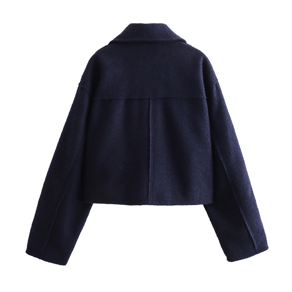 Unizera2024 Spring New Product Women's Simple Flip Collar Patch Bag Decoration Bead Leather Zipper Jacket Woolen Coat