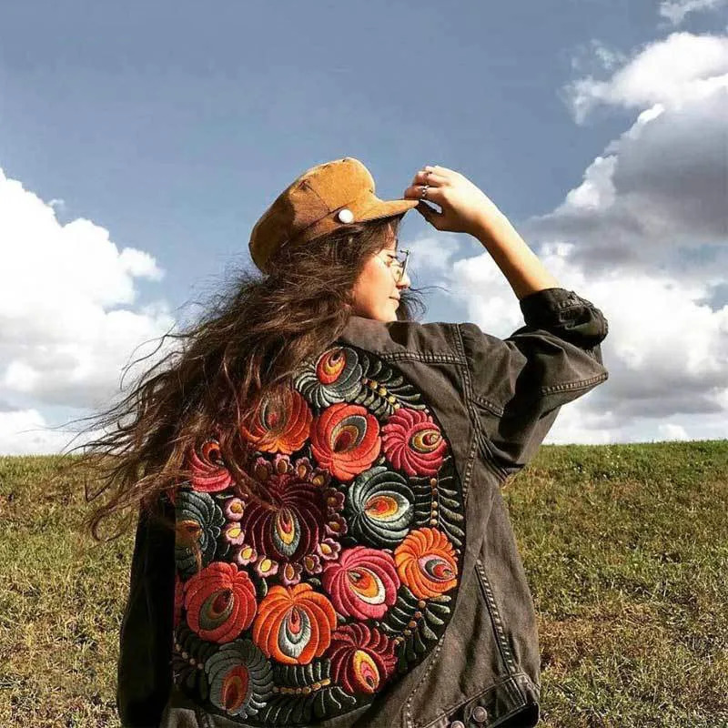 Cowboy jacket Bohemian oversized multi flower embroidered long sleeved casual fashion jacket for womens Spring and Autumn clothing 241022