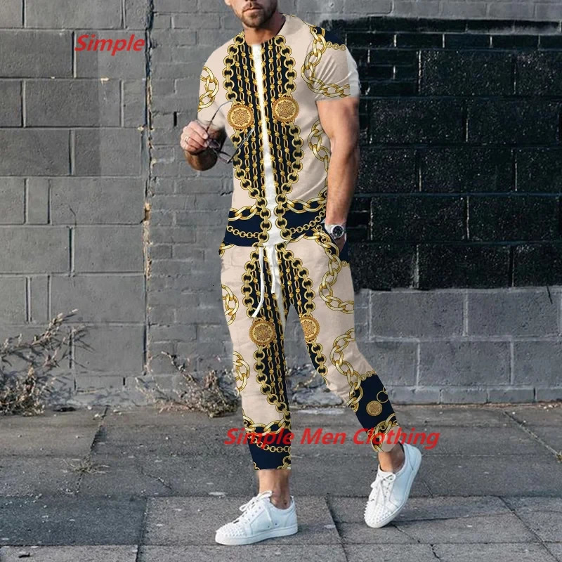 mens Trouser Tracksuit 2-piece set of mens summer jogging sportswear short sleeved T-shirtmens T-shirt long pants set 241023