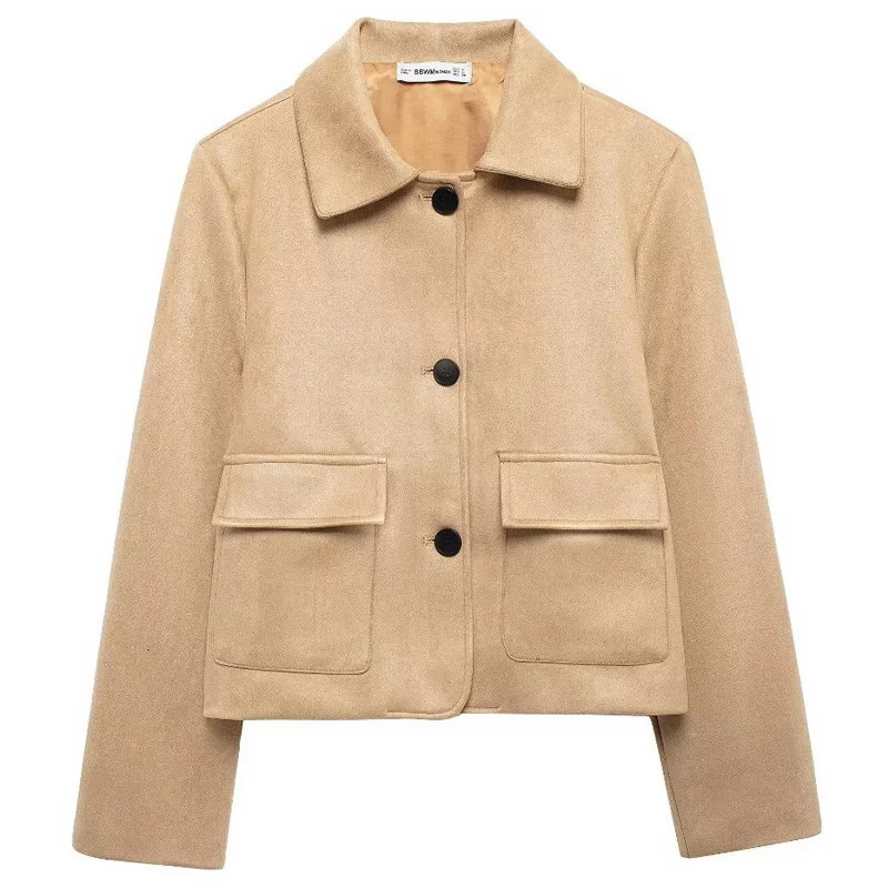 HXAO crop suede jacket womens retro office womens coat button jacket half season womens long sleeved bomber jacket 241023